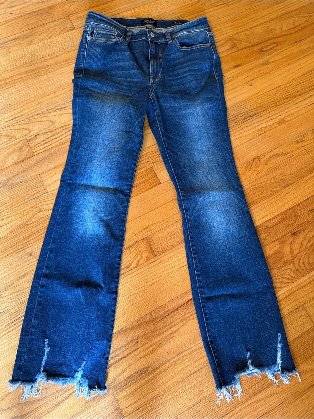 Judy Blue Dark Blue Flared Jeans with Frayed Hem